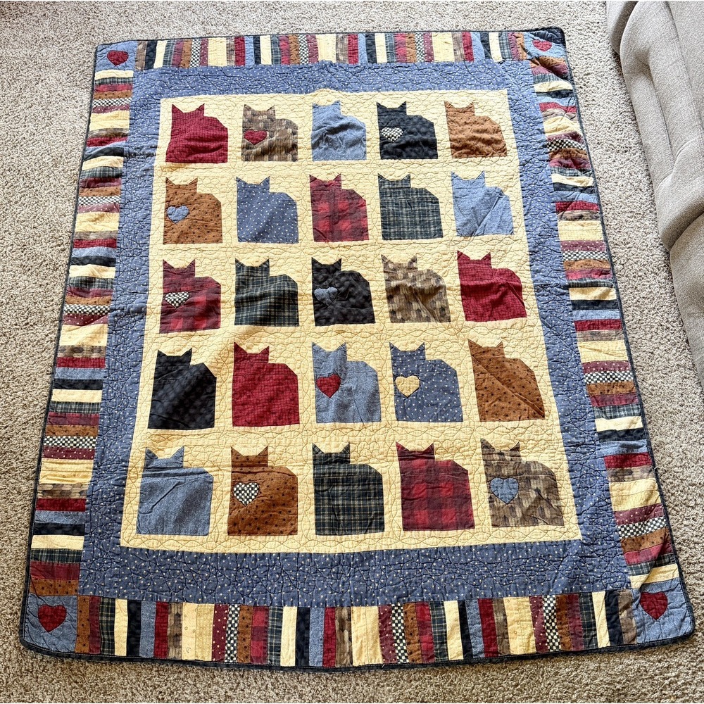 Vintage Quilt Handmade Cats  Quilt Blocks 50 x 60 Machine Stitched